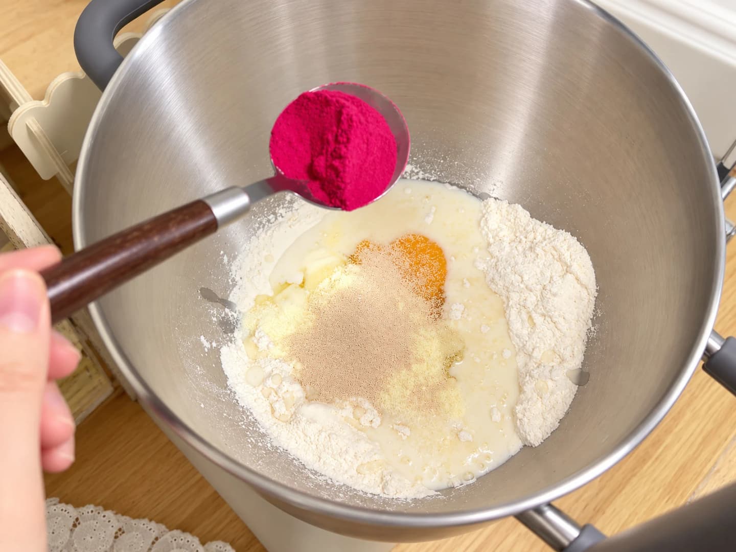 Mix the pink bread dough