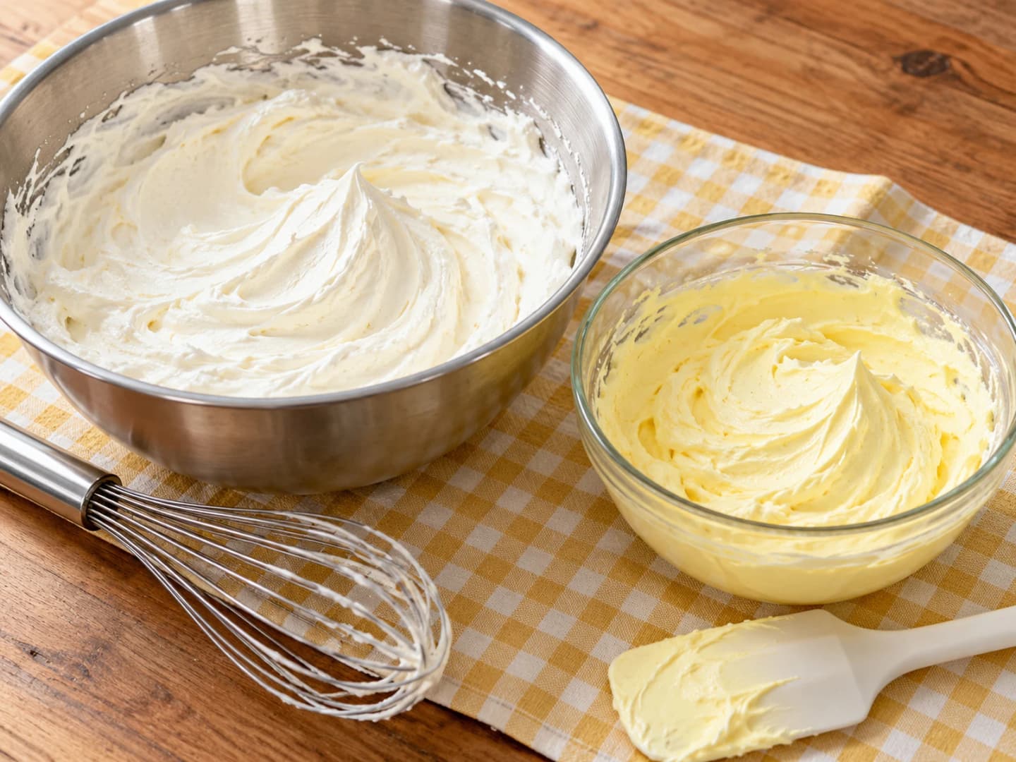 Whip and divide the white and yellow cream